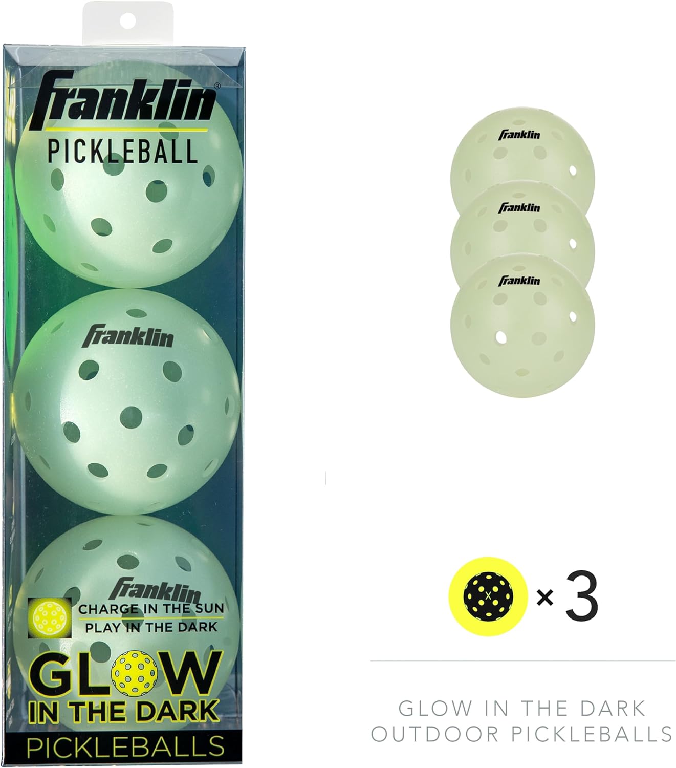 Franklin Sports Glow in The Dark Outdoor Pickleballs - Light Up Pickleball Balls for Nighttime Pickleball - Glow in The Dark Green Pickleball Balls - Charge in Indoor Light + Sunlight